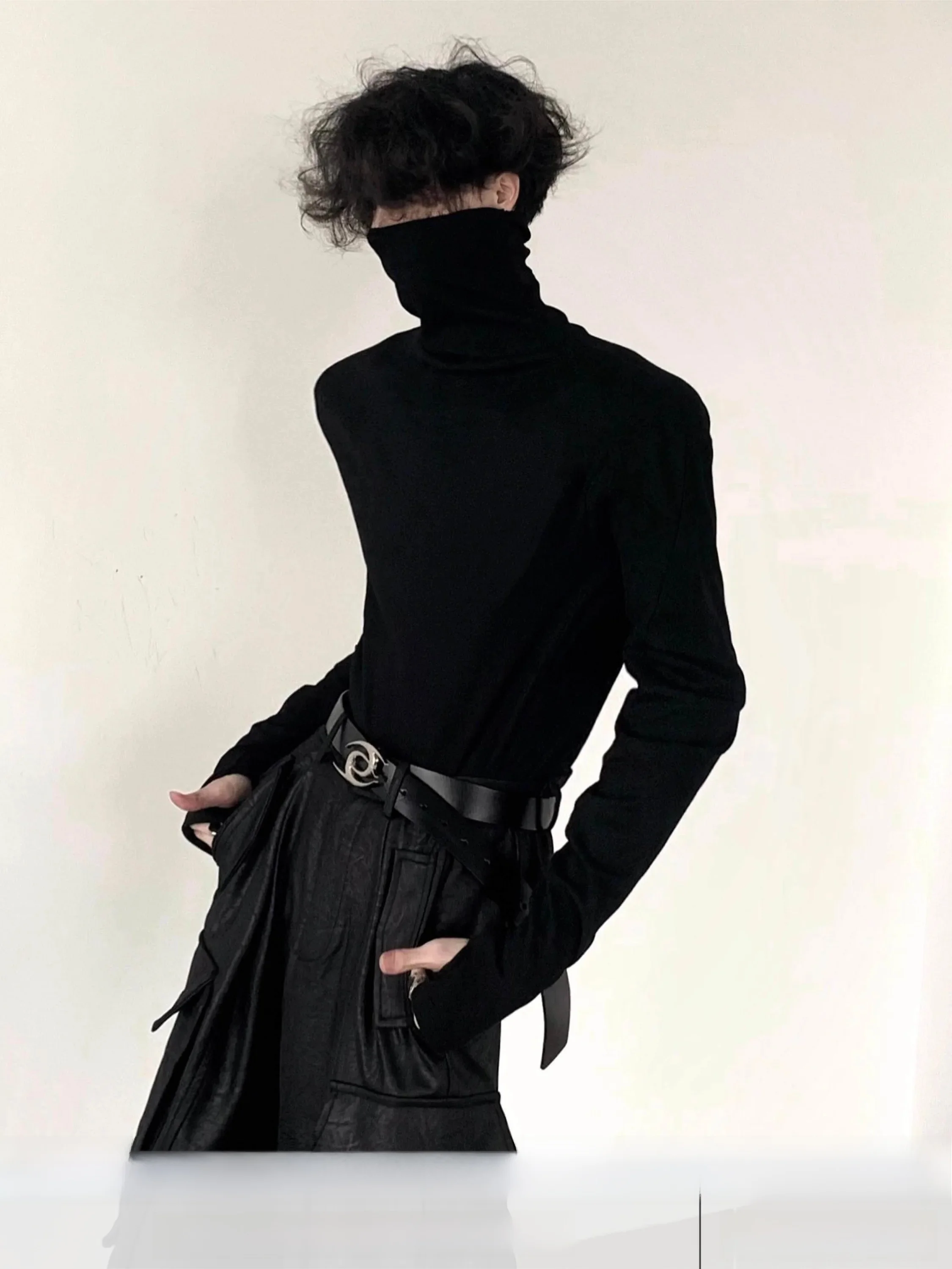 Autumn Mountain Style Men's Long Sleeve High Collar Base Shirt Slim Fit Shape Black White Inner Wear T-Shirt  Brand