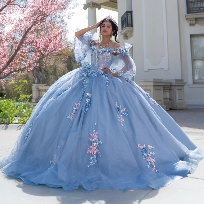 

Sky Blue Shiny Ball Gown Quinceanera Dresses Sequin Applique Lace Beads Tull Corset Off Shoulder Sweet 16 Dress vestidos 15 de