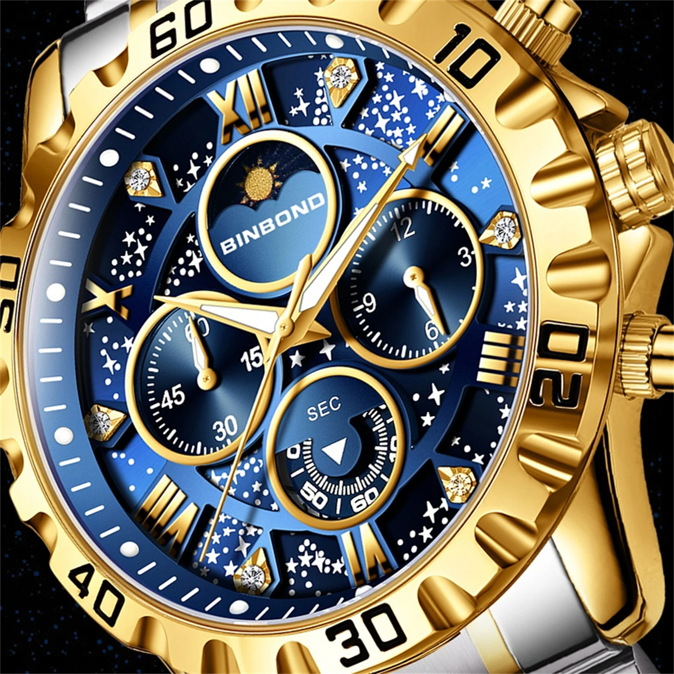 Chronograph Watch Fashion Men\'s Watch 30M Waterproof Calendar Date Function Rhinestone Dial Stainless Steel Quartz Watch Gift