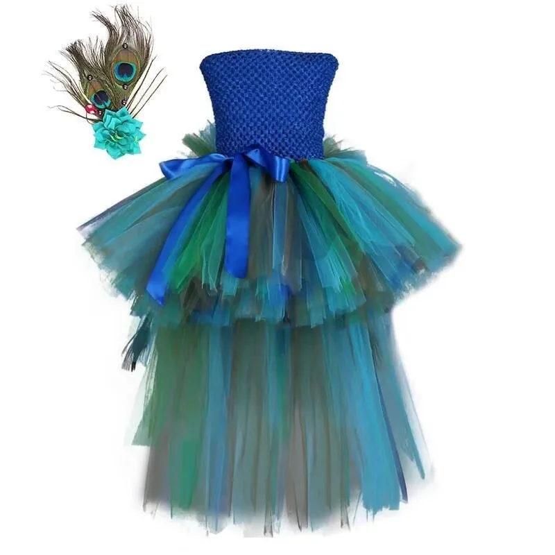 Girls Peacock Tutu Dress with Train Blue Green Tulle Dress Peacock Feather Hair Clip Pageant Princess Costume