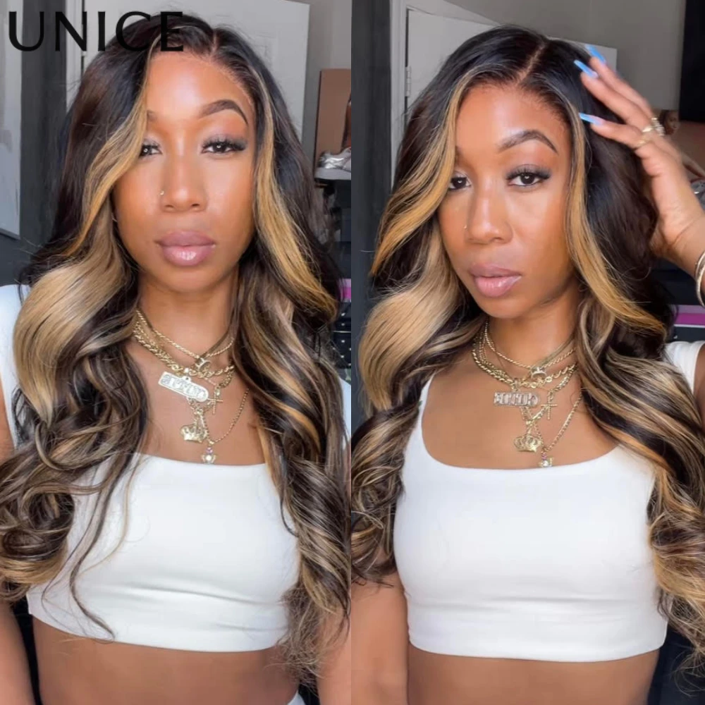 UNICE Блондинка Мелирование Коричневый Свободный Волнистый Парик С Челкой 7x5 Предварительно Срезанный Предварительно Отбеленный Бесклеевой Парик Человеческие Волосы ReadyToGo