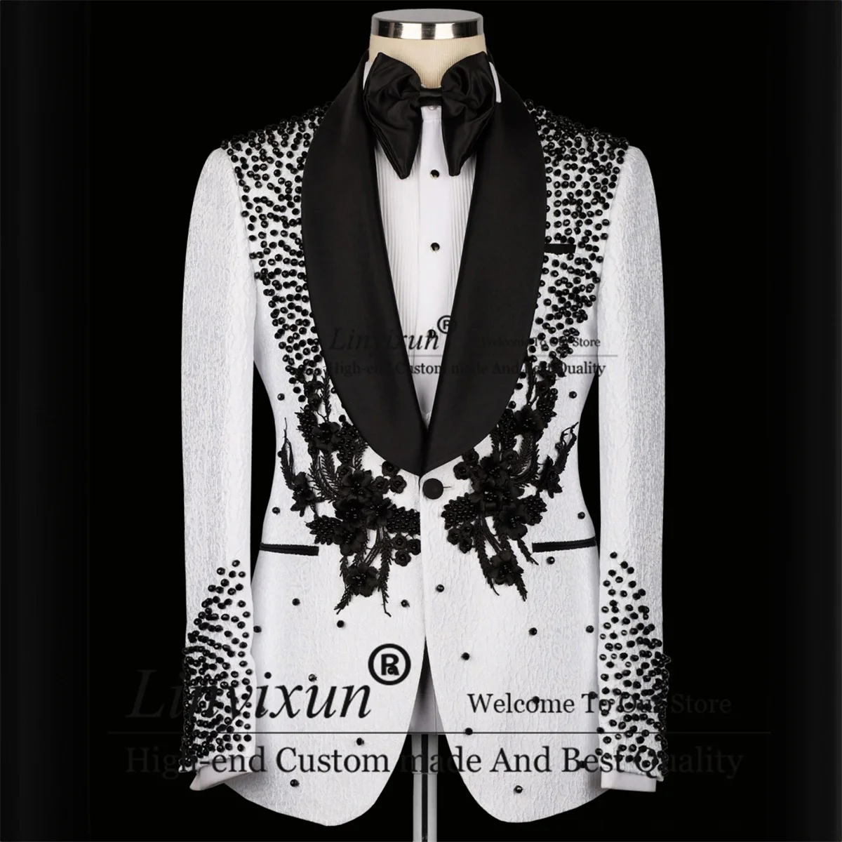 Luxury Beaded Wedding Suits For Men Peaked Lapel Groom Tuxedos Appliques Slim Fit 3 PieceSets Customized Male Prom Party Blazers