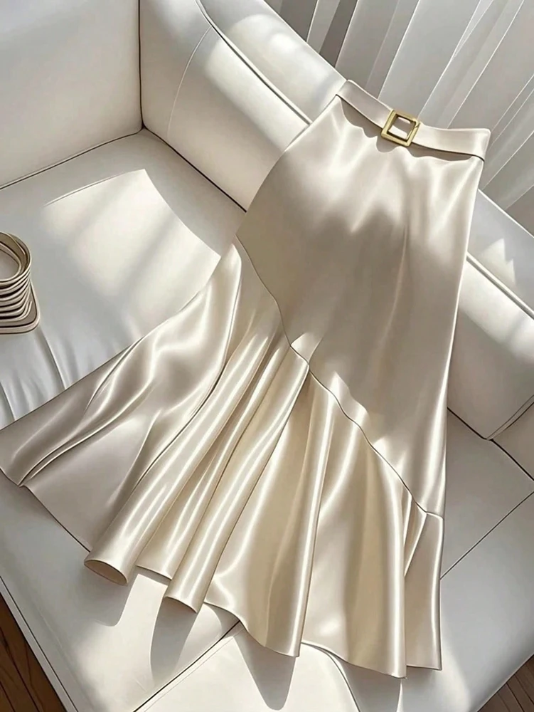 Summer New Women Premium Design Elegant Satin A-line Half Skirt Female Pure Colour Belt Halter Skirt Dinner Party Dating