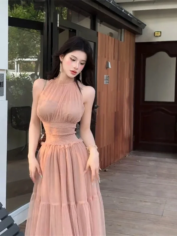 

Ele Pink Off-oulder Me Dr Women's Summer Slimming Fairy Long Dr Xiaohanjia Brand A-Line Gown Soft Medium Fabric