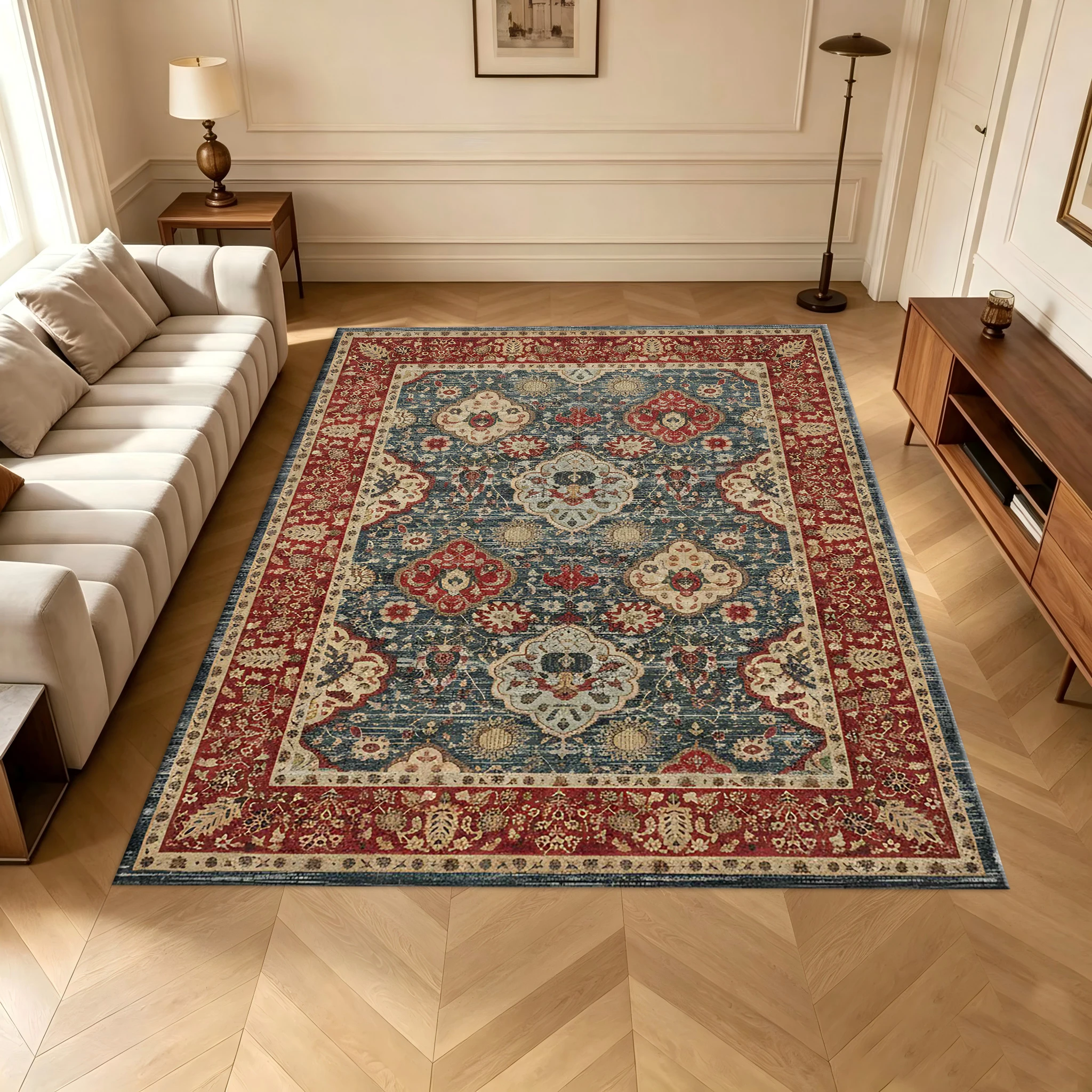 Blue and Red Vintage Floral Oriental Style Carpet, Antique-Style Traditional Carpet for Living Room and Bedroom Flooring