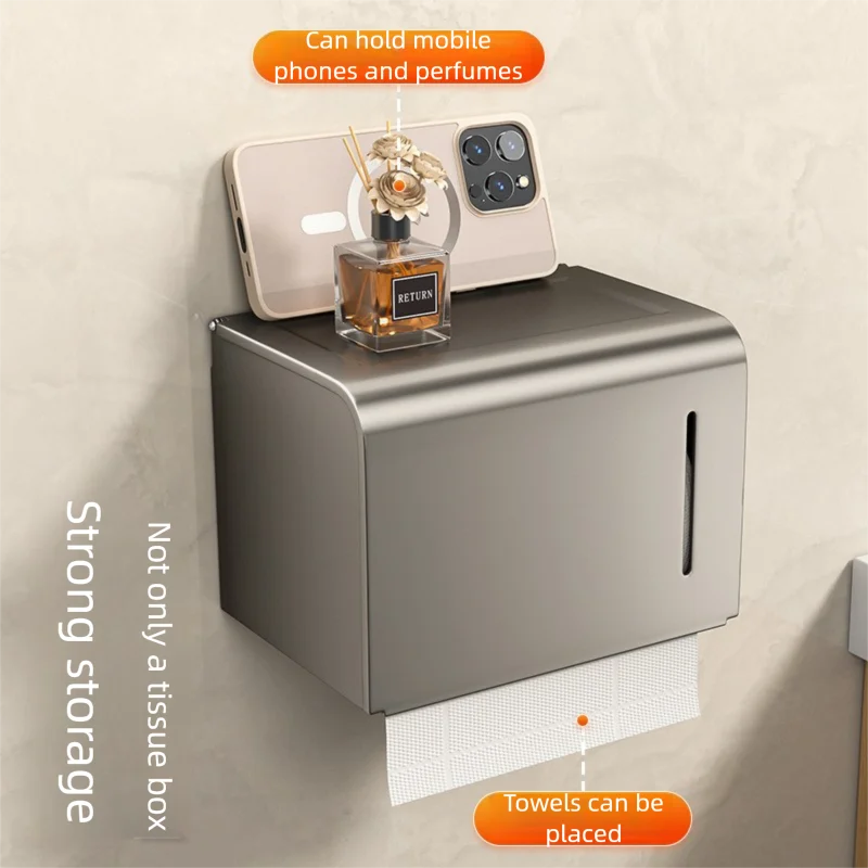 صندوق ورق تواليت مقاوم للماء يُثبت على الحائط مع درج، وحامل لفة مثقوب ورف تخزين المناشف، ومنظم الحمام