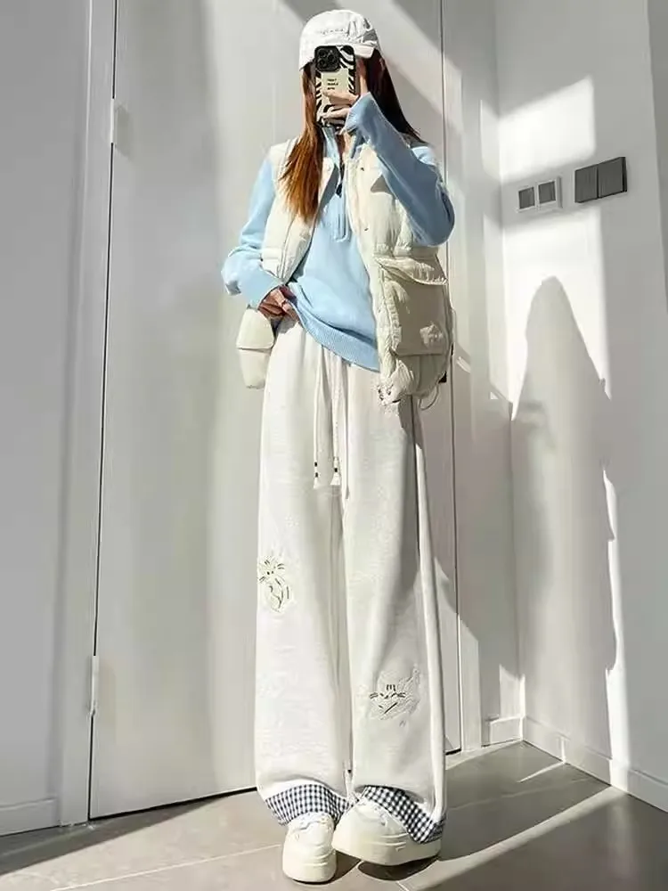 미국 만화 프린트 체크무늬 루즈핏 여성 스포츠 스웨트팬츠 가을 겨울 슬림 와이드 레그 팬츠 하이웨이스트 스트레이트...