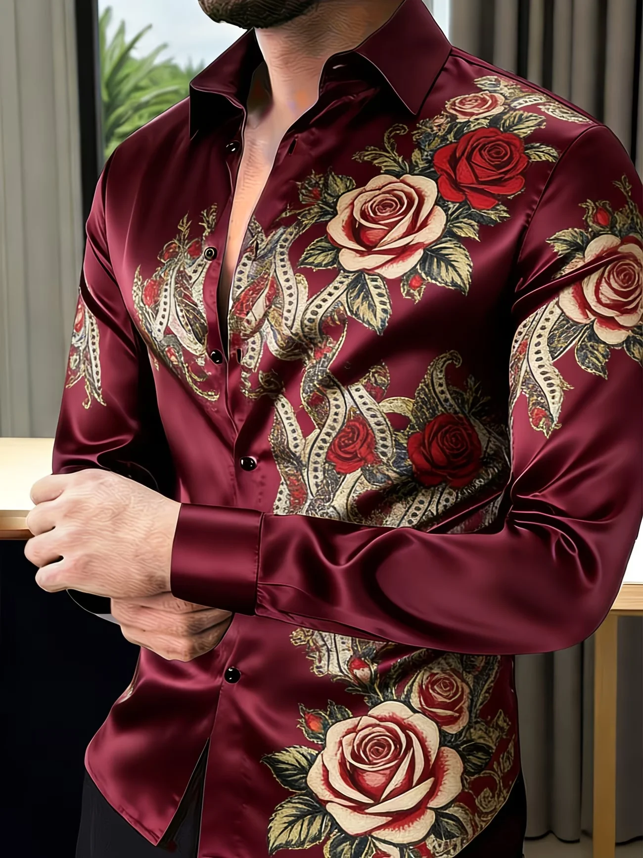 New Ethnic Style Mandala Printed men's Long Sleeved Shirt With Orange Collar And Color Blocked Shirt Clothing