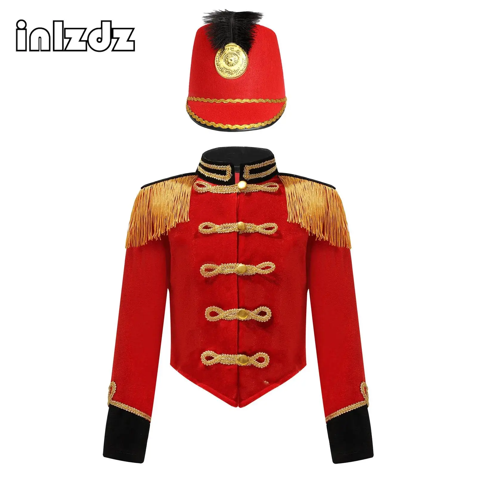 

Boys Girls Halloween Nutcrackers Costume Drum Trumpet Team Royal Honor Guard Uniform Outfit Tassel Circus Ringmaster Jacket Top