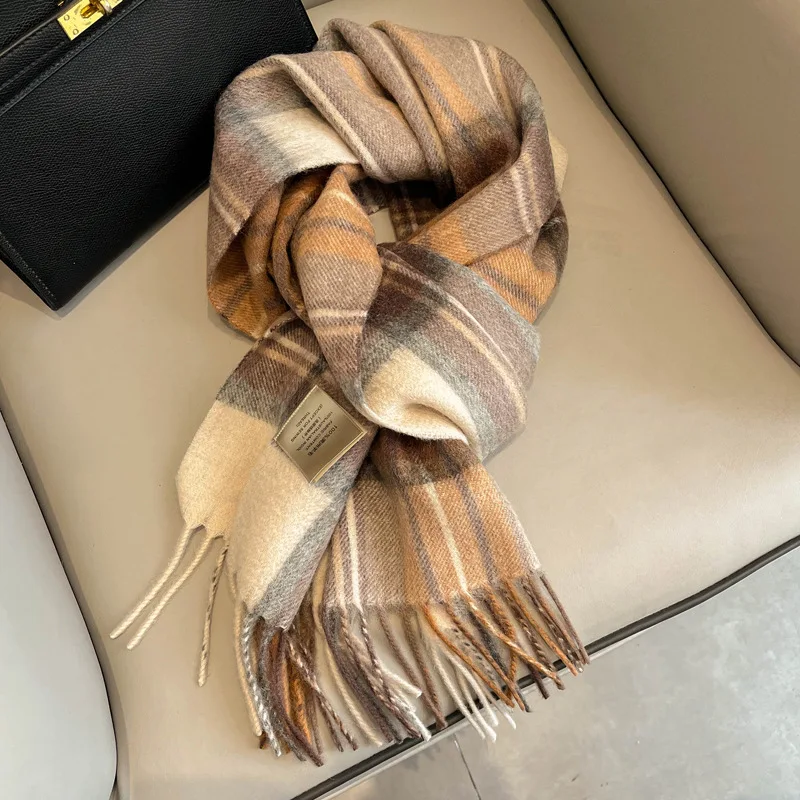 2025 New Year Pure Wool Check Scarf British Style Unisex Couple Winter Warm Double Sided Fringe