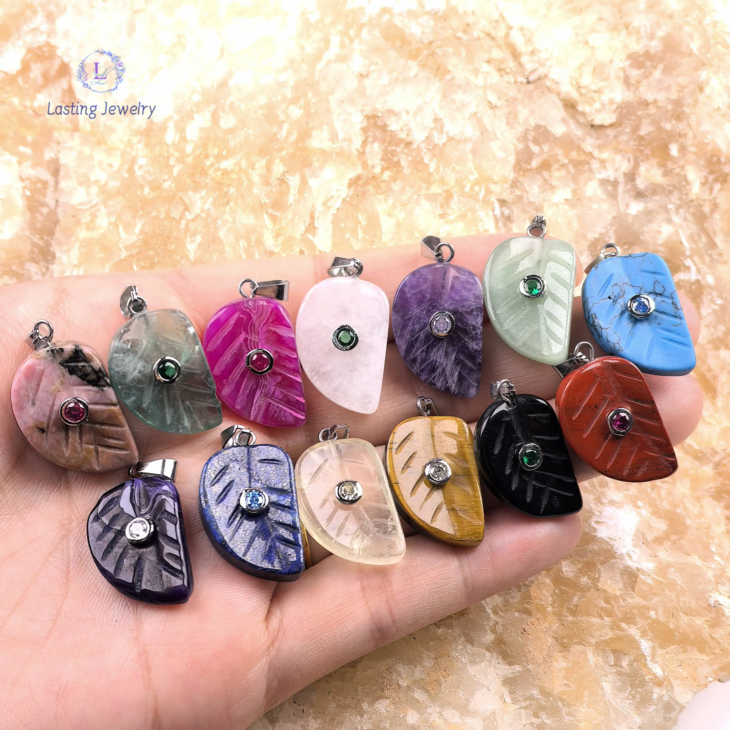 

Carved Gemstone Leaf Pendants With Inlaid Zircon Charms Reiki Crystal Quartz Tiger Eye Rhodonite For Necklace Jewelry Making
