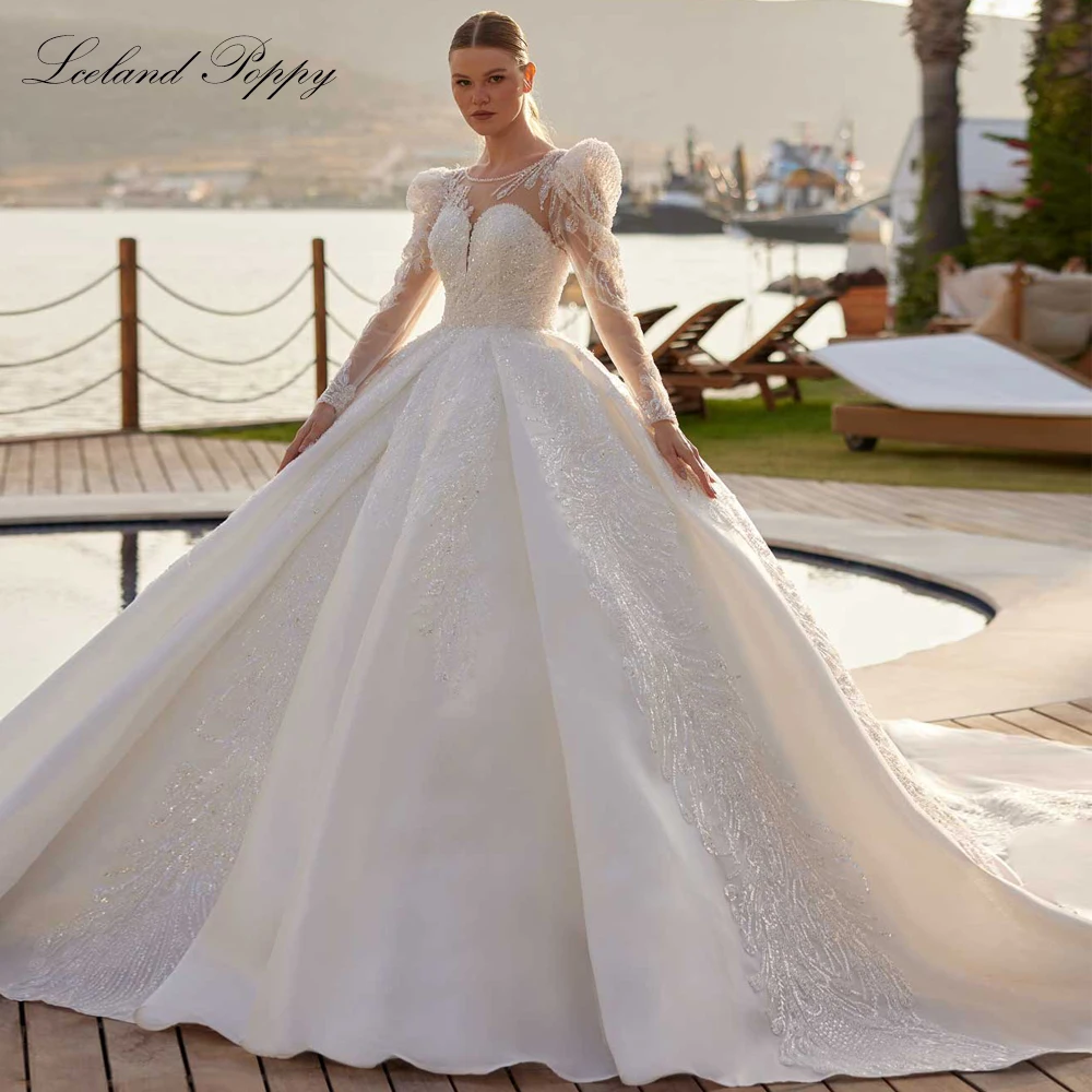 Lceland Poppy Customized Ball Gown Wedding Dresses Puffy Sleeves Beaded Lace Bridal Gowns with Chapel Train