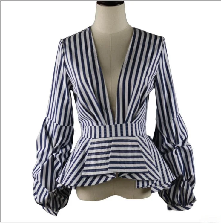 

Faionable сексуальный топ с глубоким V-образным вырезом в полоску Bubble Sve Top Cotton Long Sve irt для молодых женщин в их 20-х годов, обычная длина