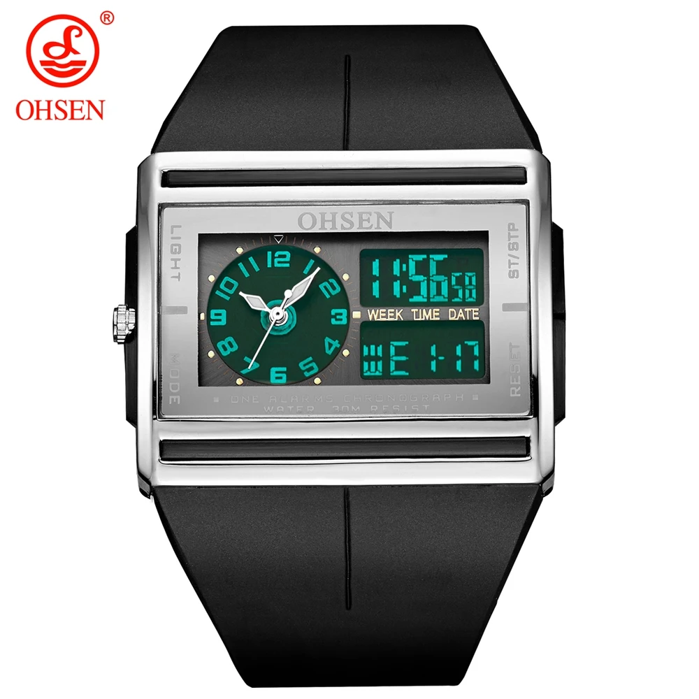 OHSEN Men Quartz Watches Military Sports Watch Digital Black Silicone Strap Waterproof Watches Dual Time Men Clock Wristwatch