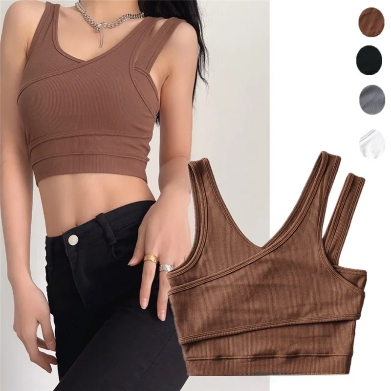 Gilet asimmetrico americano di colore retrò Gilet sportivo piccante da donna con cinturino multiplo per yoga elastico con ombelico