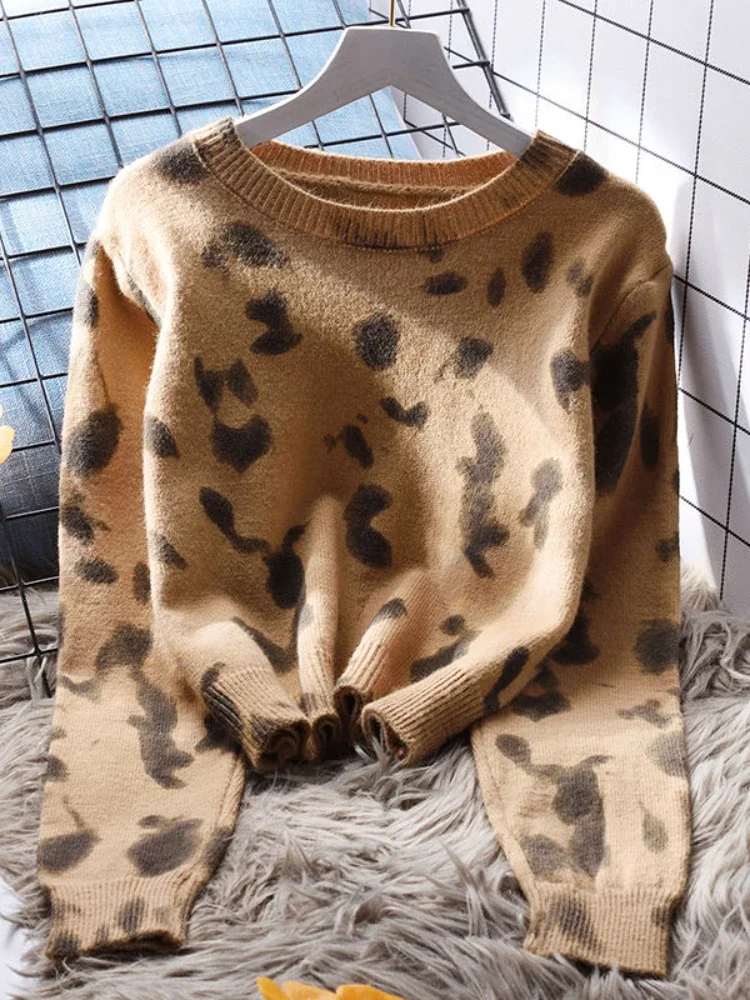 French Vintage Pullovers Leopard Long Sleeve Crop Tops Casual Loose All Match Sweaters Autumn Winter O Neck Women Clothing 2024