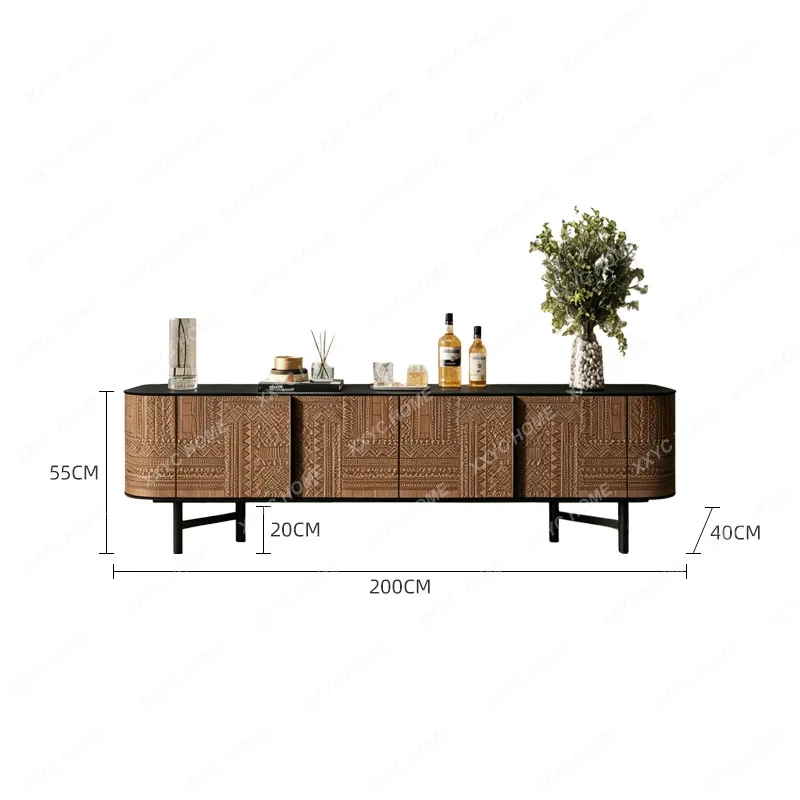 Medieval solid wood engraved TV cabinet, living room storage locker against the wall, light luxury audio-visual cabinet