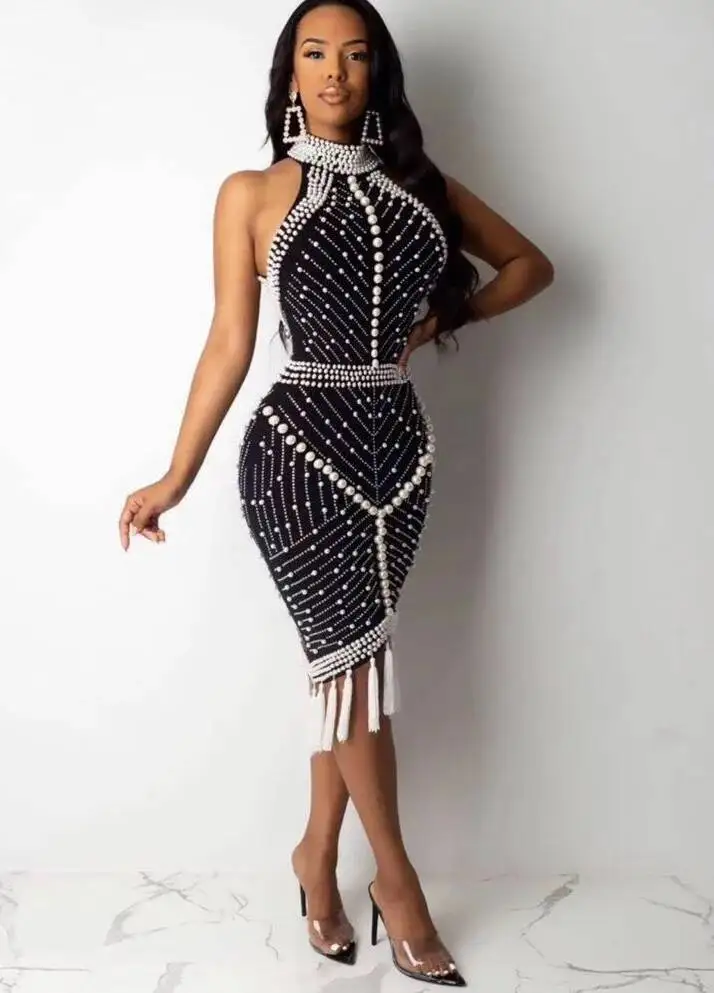 High Quality Dress elegant women Celebrity White Black Tassel Beading Sexy Rayon Bandage bodycon Cocktail Party vestido harajuku