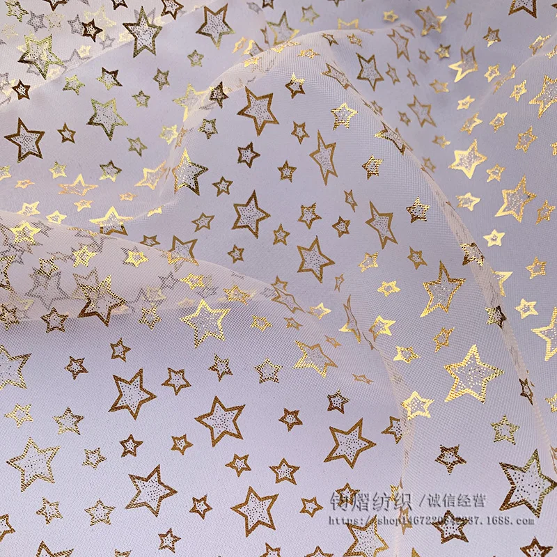 100x150cm Gold Bronzing Stars Tulle Organza Mesh Fabric DIY Handmade Girl Princess Doll Skirt Headband Garment Sewing Material