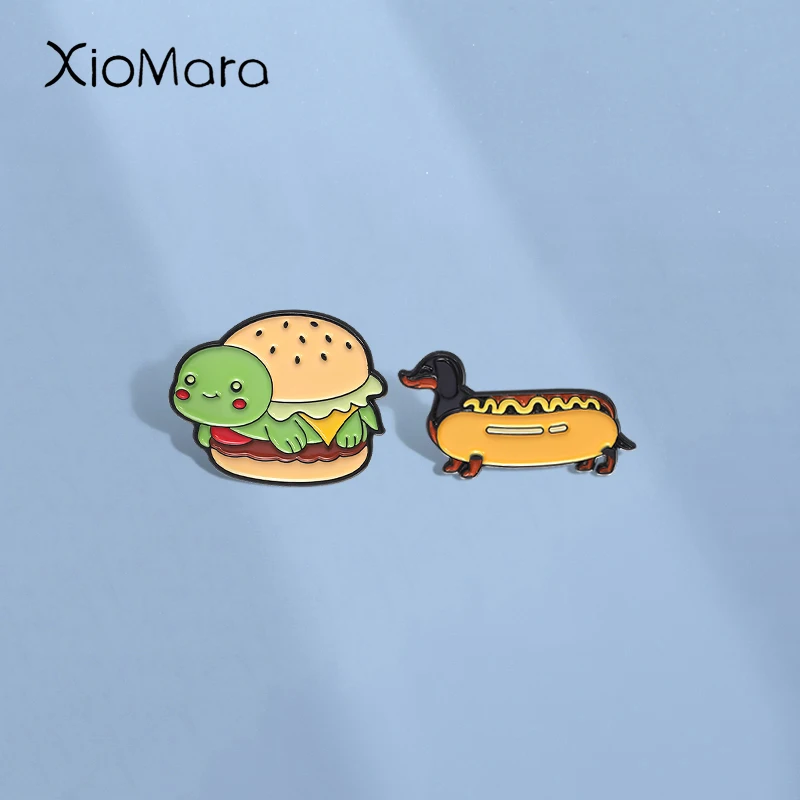 Cute Turtle Puppy Enamel Pins Custom Animal Burger Hot Dog Brooches Lapel Badges Clothes Animal Jewelry Gift for Kids Friends