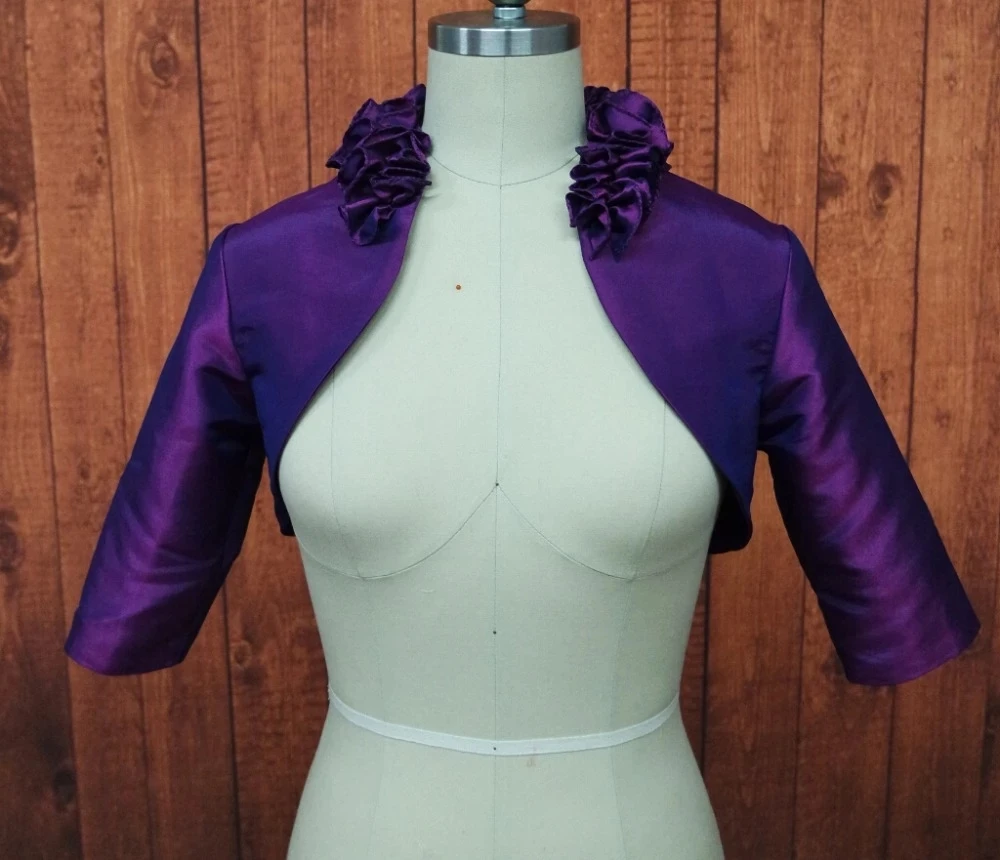 Ruffles Flowers Three Quarters Sleeve Wedding Jacket Bridal Taffeta Purple Bolero Jackets Party Shrug