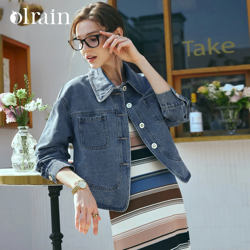 

OLrain Vintage Washed Denim Jackets 2026 New Cotton Turn Down Collar Single Breasted Pockets Female Outdoor Coat G24CW89205