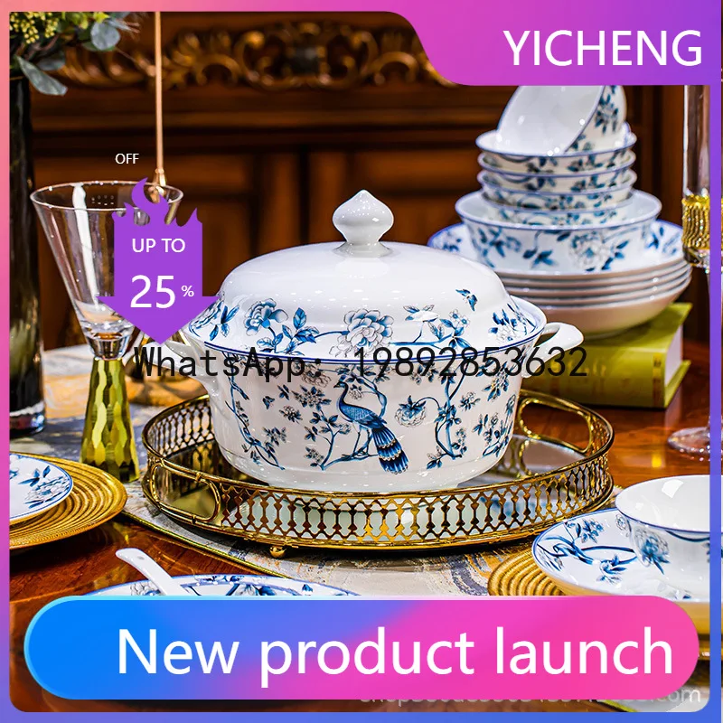 

LYY Dish Set Blue and White Blue Peacock High Temperature Ceramic Bowls and Plates Tableware Bone china Dishes for Home Use