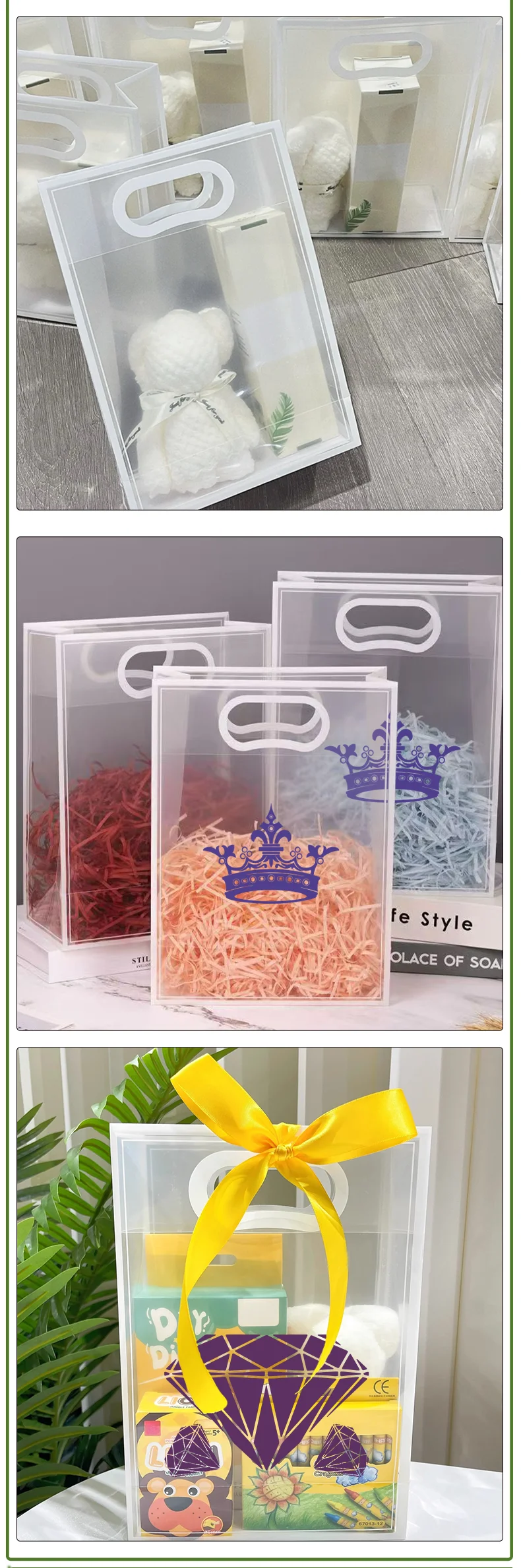 20 Stück transparente PVC-Geschenktüten mit Griffen, wiederverwendbare transparente Tragetaschen, Einkaufstaschen für Hochzeits-/Partygeschenke, mit individuellem Logo – Detail 4