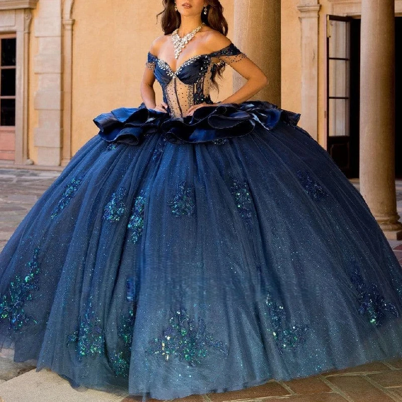 

Темно-синее блестящее бальное платье Quinceanera Платья с открытыми плечами Аппликации Кружева с бисером Кристалл Тюль Sweet 16 Платье Vestidos 15 De