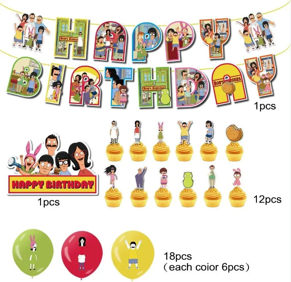 Bob's Burgers Cartoon Theme Birthday Party Decorations，Birthday Party Balloons Cake Topper Cupcake Topper Banner for Kids Party view 2