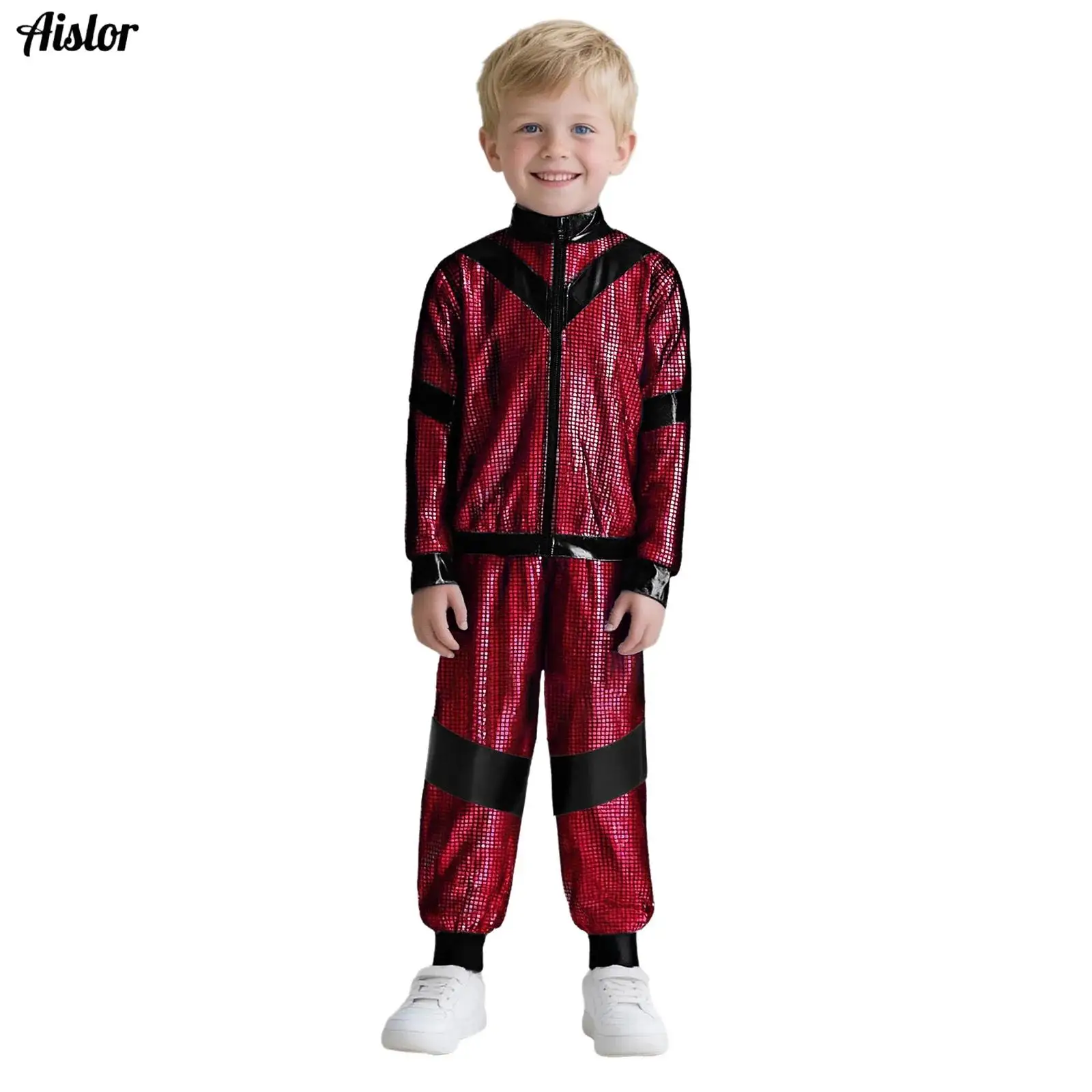 Kids Jazz Girls Jacket Hip-Hop Jazz Dance Costume Long Sleeve Zipper Shiny Metallic Plaid Color Block Coat with Trousers Pants