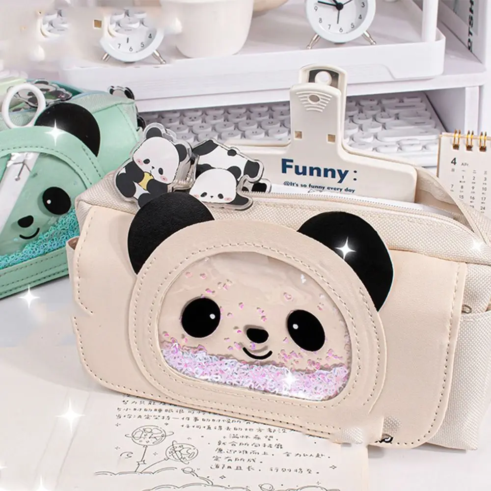 Cartoon Flowing Sand Panda Pen Bag High Beauty Canvas Stationery Storage Bag Instagram Style Korean Cartoon Pencil Bag Kids