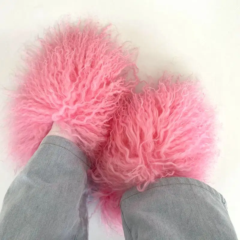 Summer  Spring Women Indoor 2024 Hot Sale  Long Hair Fashion Shoes Sheep Fur Slides Famous Brands Mongolian Slippers