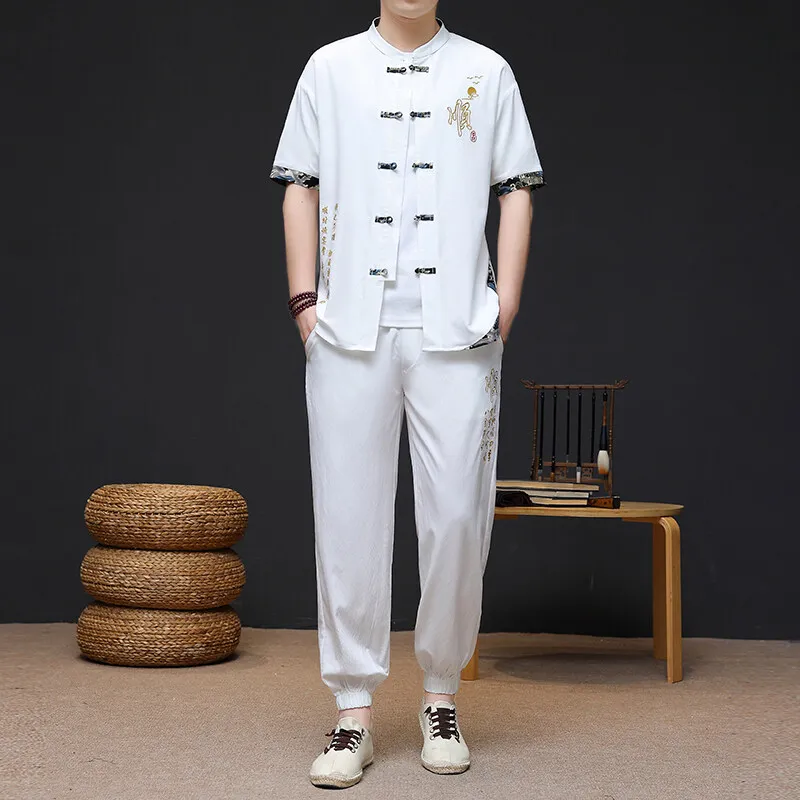 Men's Casual Sets Chinese style Shirts + Pants summer 100% Cotton linen Sportswear  spring Male Fashion Chinese style trousers