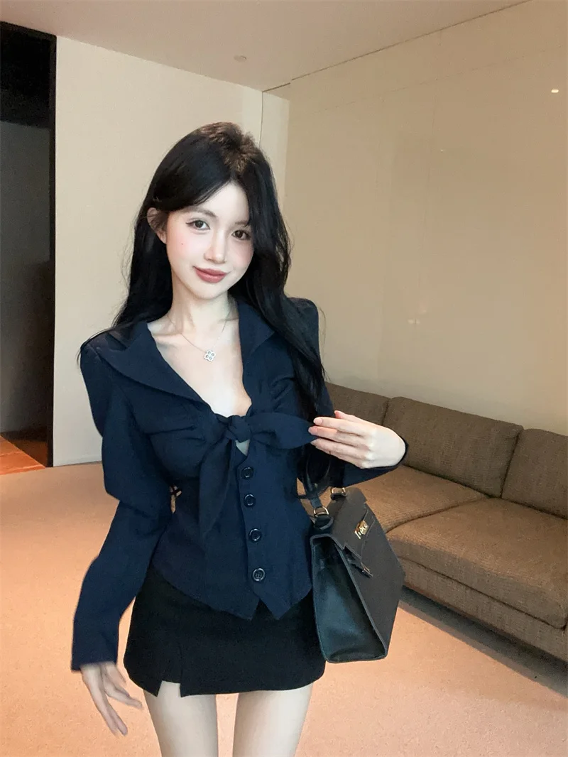 

Ретро галстук-бабочка с низким вырезом Slim Fit Long Sve irt Воротник-стойка Талия Cinching Top для женщин Autumn Faion Ladies irt