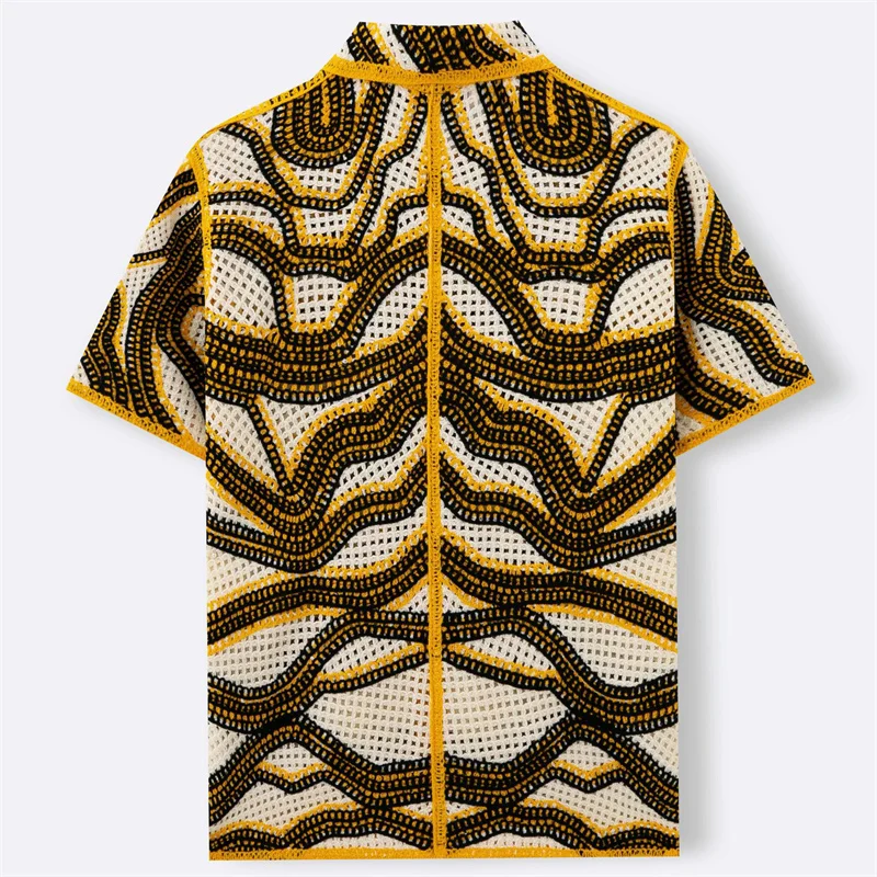 Streetwear Trendy Shirts For Men Short Sleeve Acrylic Loose Fit Summer Top Quality Hollow Out Crochet Knitwear Camisas De Hombre
