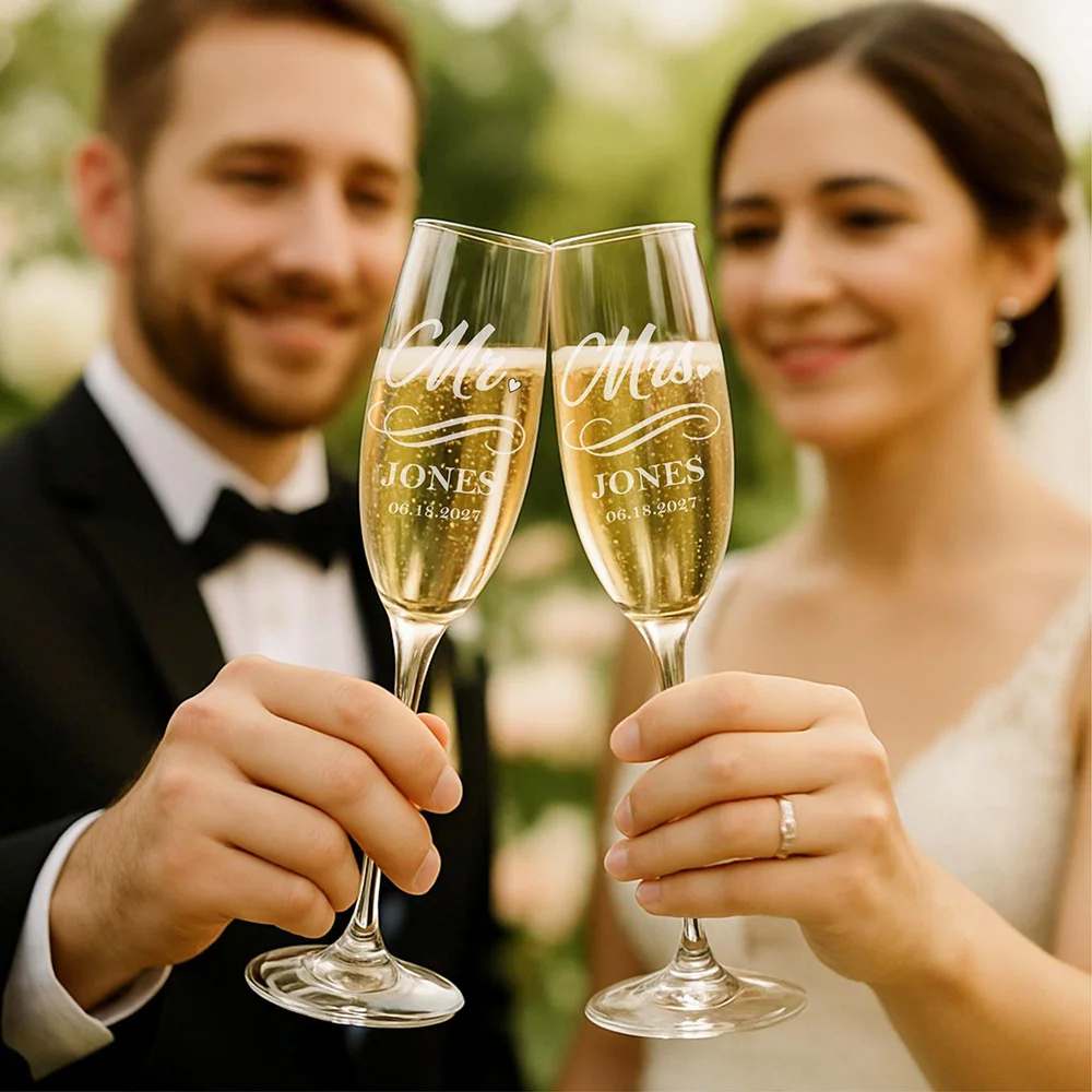 Juego de 2 copas para tostar boda personalizadas, copas de champán personalizadas para novia y novio, regalo grabado de Mr & Mrs, decoración del banquete de boda