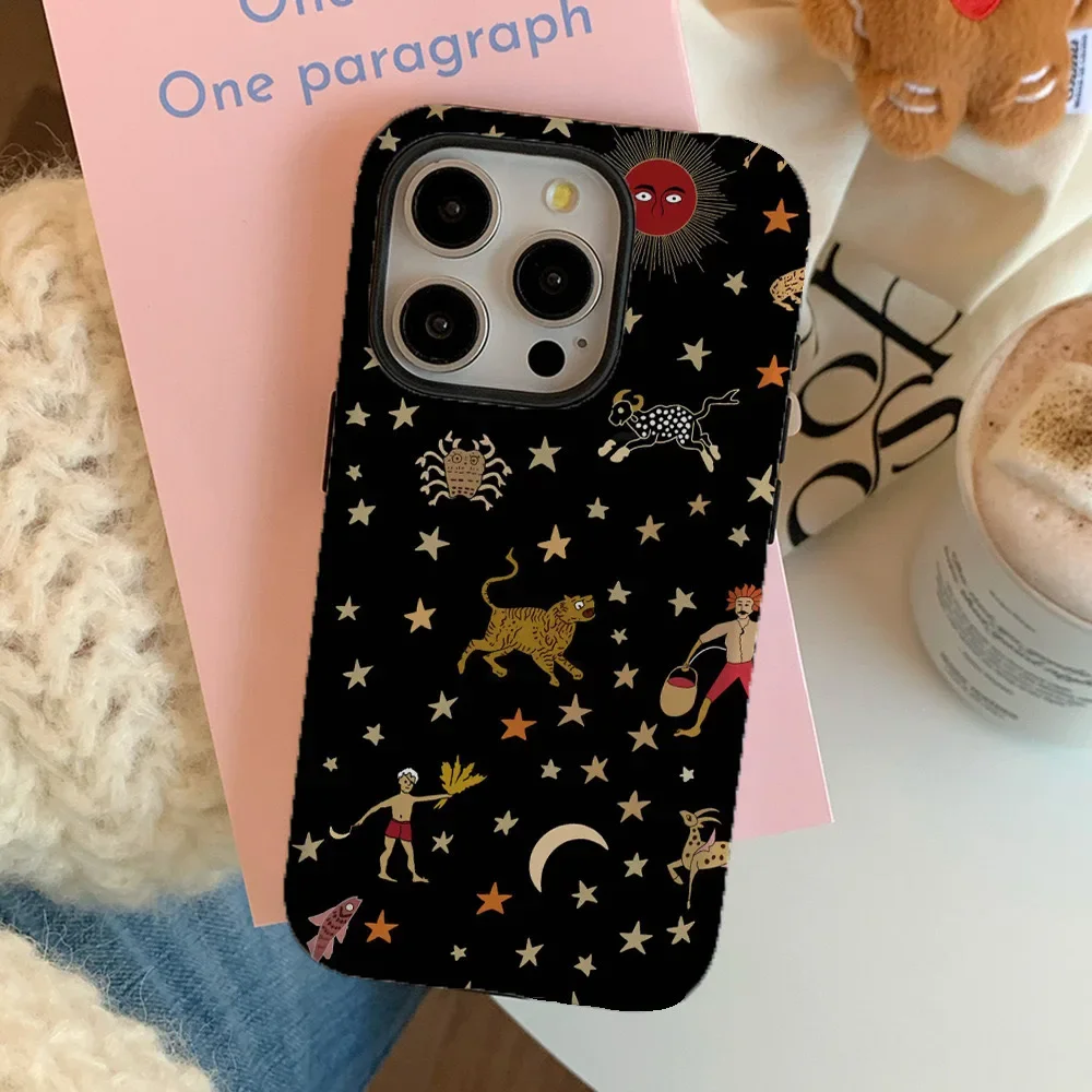 Ins Animal Star Art Black Case Suitable for IPhone 15 Plus Oil Painting Flower Double-layer 2-in-1 Phone Case 14 13 12 11pro XR
