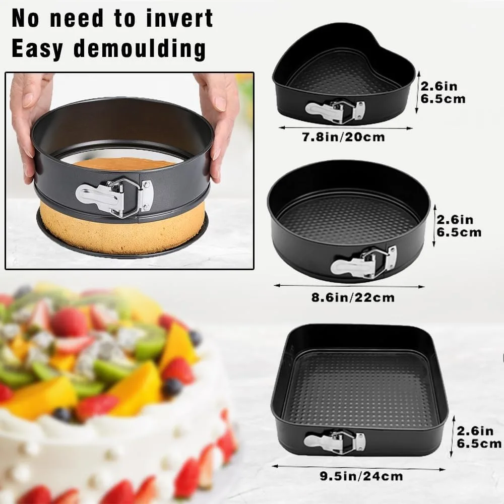 Set of 3 Springform Cake Pan, Non-stick Removable Bottom, Carbon Steel Oven Safe, Round Square Heart, Cheesecake Baking Mold