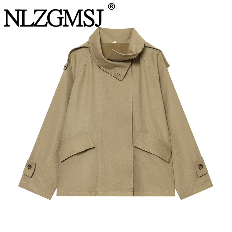 Nlzgmsj 2026 Autumn Women Asymmetric Stand Collar Short Trench Coat Loose Long Sleeve Lapel Windbreaker Casual Outerwear