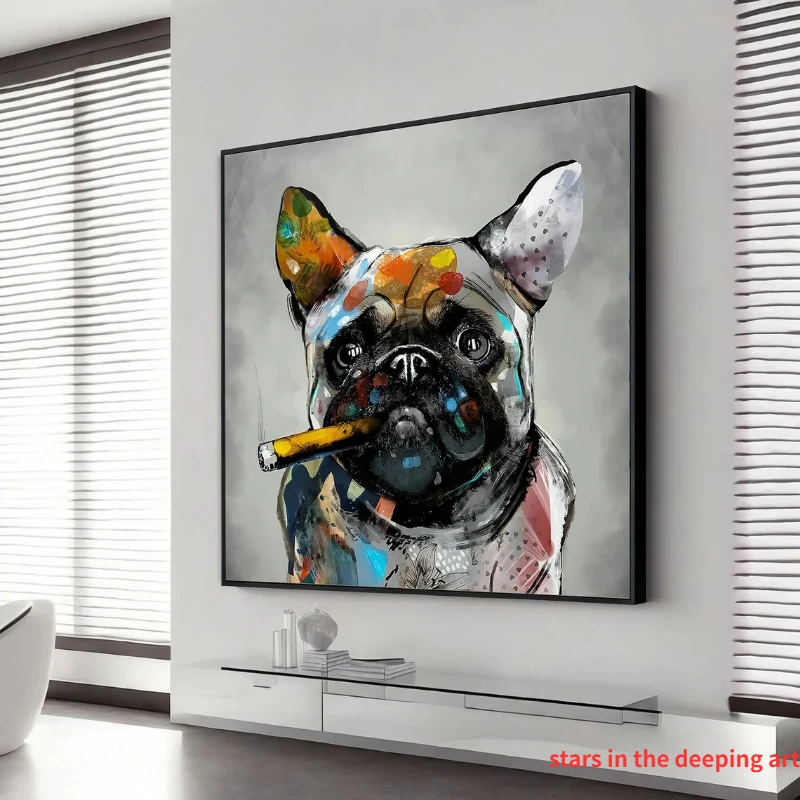 French Bulldog Smoking Dringking Listening To Music Animal Art Poster Canvas Painting Wall Prints Picture Living Room Home Decor