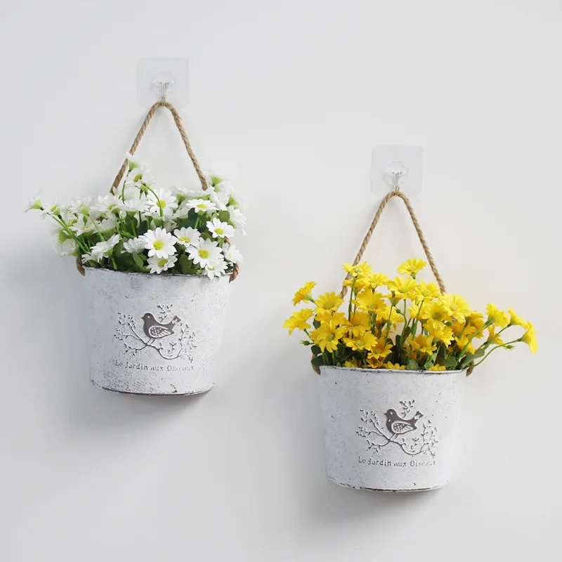 Vintage Metal Wall Hanging Flower Pot Hemp Rope Handle Iron Hanging Bucket Wall Green Plant Decoration Hanging Flower Utensil
