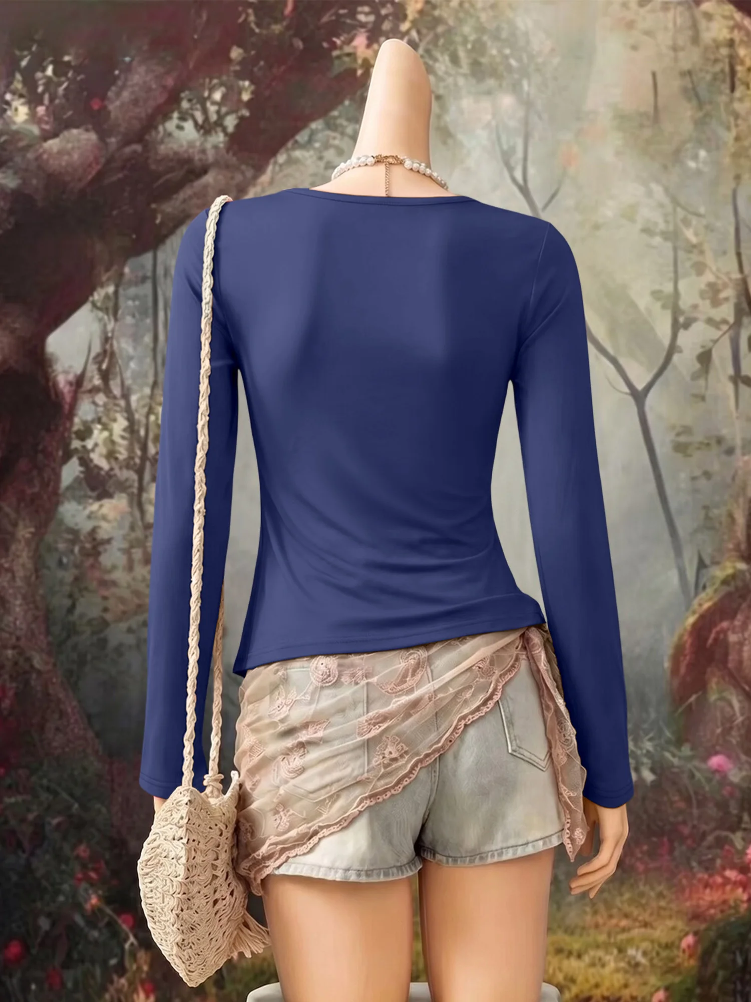 Women Elegant Low U Collar Long Sleeve Tops Soft Stretchy Fitted Basic Shirts Daily Commute Slimming Bodycon Blouse view 2