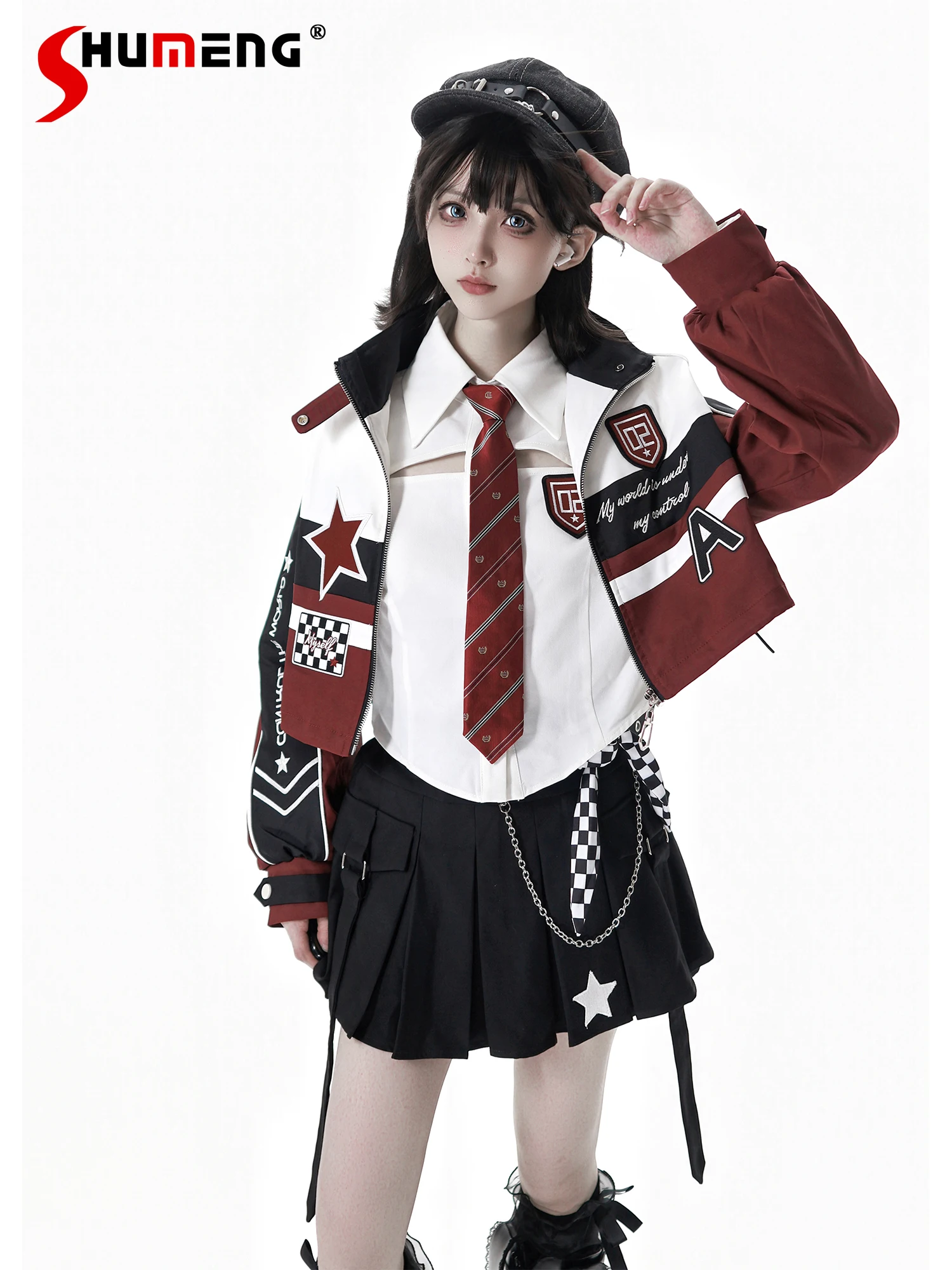 الطالب الياباني الحلو بارد دراجة نارية نمط رياضية الخريف جديد المرأة Y2K البريدي سترة سترة طويلة الأكمام قميص تنورة مجموعة