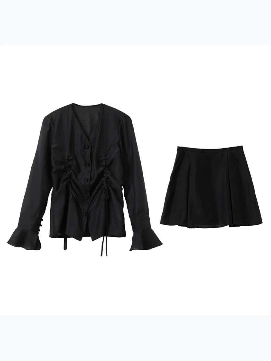 CHIC VEN Women\'s Skirt Set Textured Lyocell Long Sleeve Thin Drawstring Female Shirt Short Ladies Skirts Set Summer 2023
