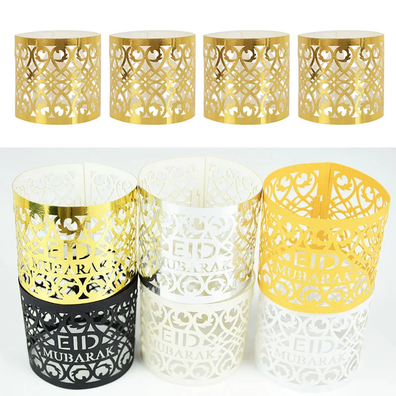 

20pcs Eid Mubarak Napkin Rings Disposable Tableware Napkins Holder Gold Silver Black Card Eid Al-fitr Ramadan Decor Supplies