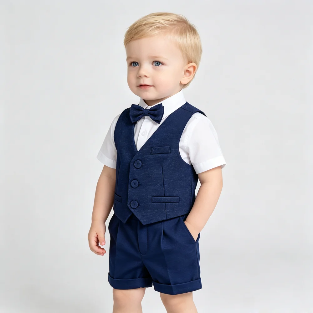 Baby Boy Formal Suit Set Navy Vest Suspender Shorts Bow Tie Toddler Wedding Party Gentleman Outfit for Kids