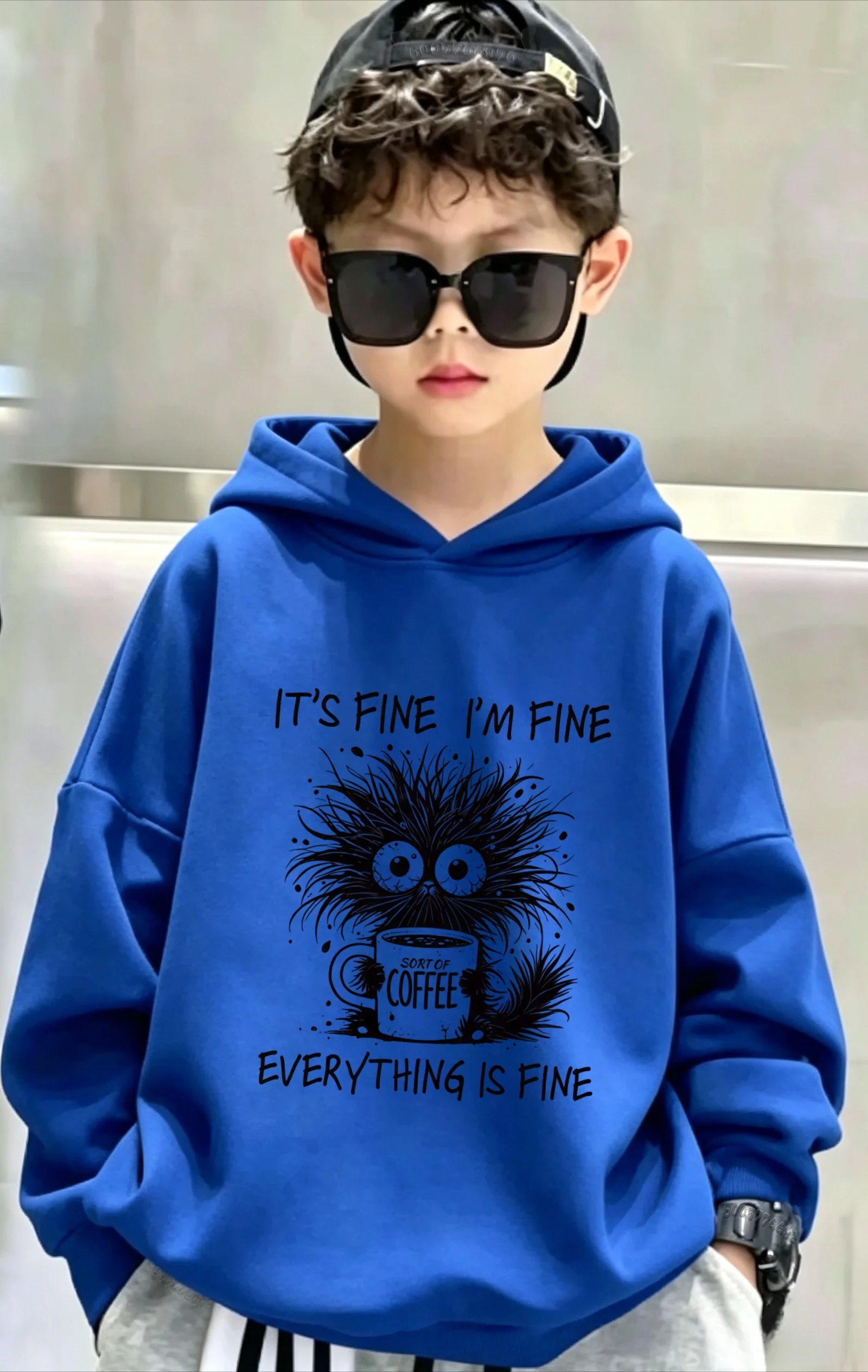 Latest children's hooded sweatshirt.I'm fine,I'm fine too.Funny plush monster coffee pattern printed casual hooded sports shirt.