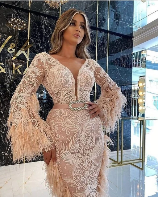 Abiti da ballo in pizzo champagne maniche lunghe con piume scollo a V abito da sera alla caviglia abiti eleganti personalizzati per feste AliExpress