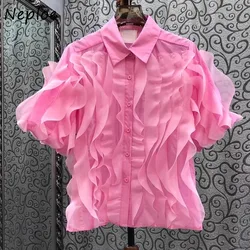 Neploe Y2k Ruffles Patchwork Short Sleeve Blouses Elegant Puff Sleeve Blusas Mujer 2024 Summer New Lapel Neck Shirts Women